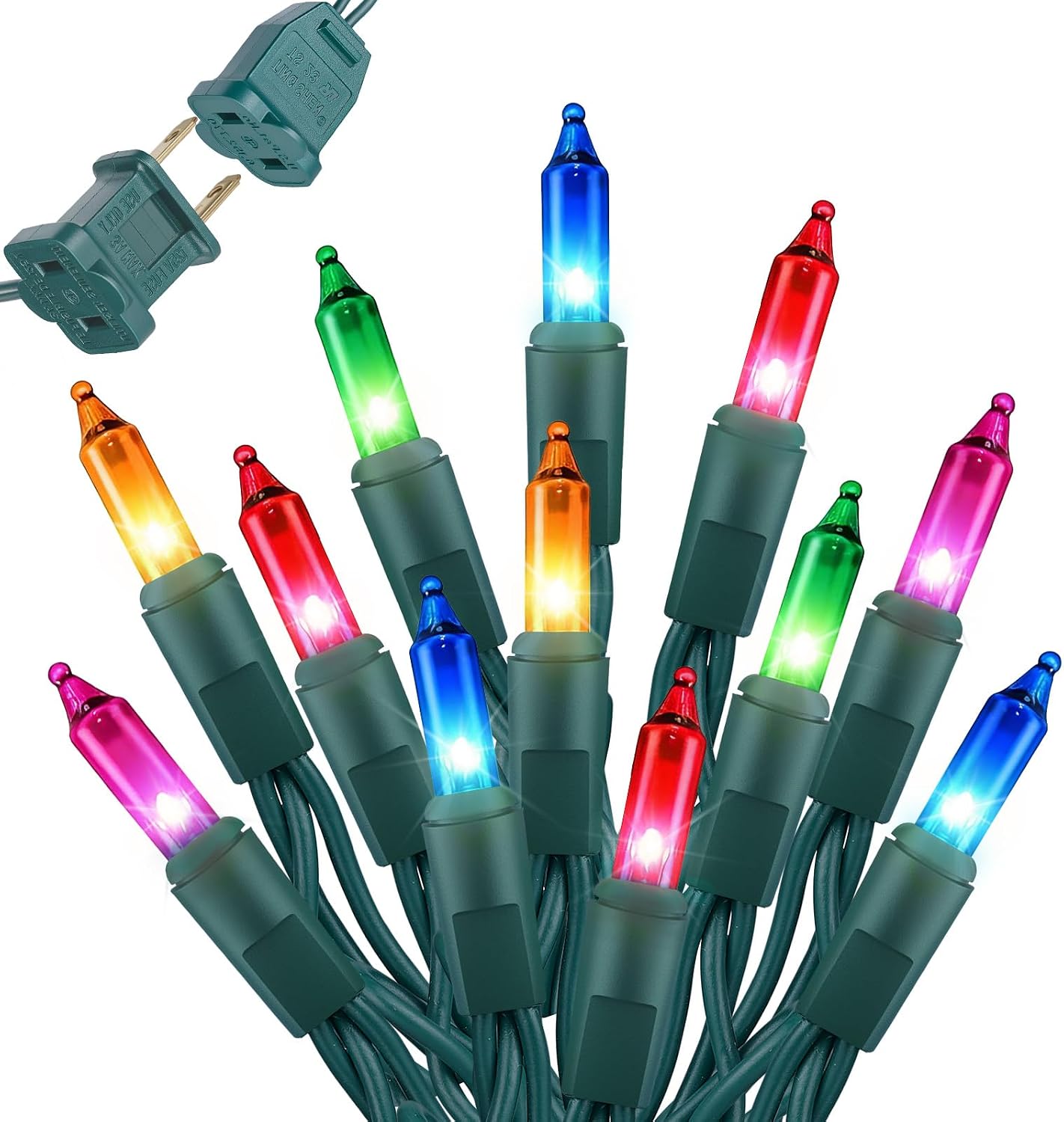 Multicolor mini incandescent Christmas light strand on green wire